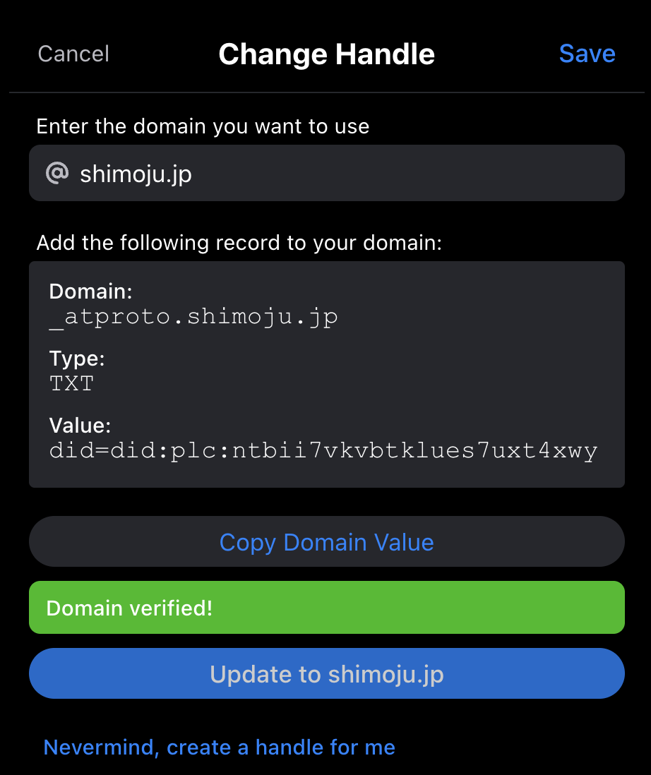 Blueskyのハンドル設定画面:DNSレコードの検証に成功